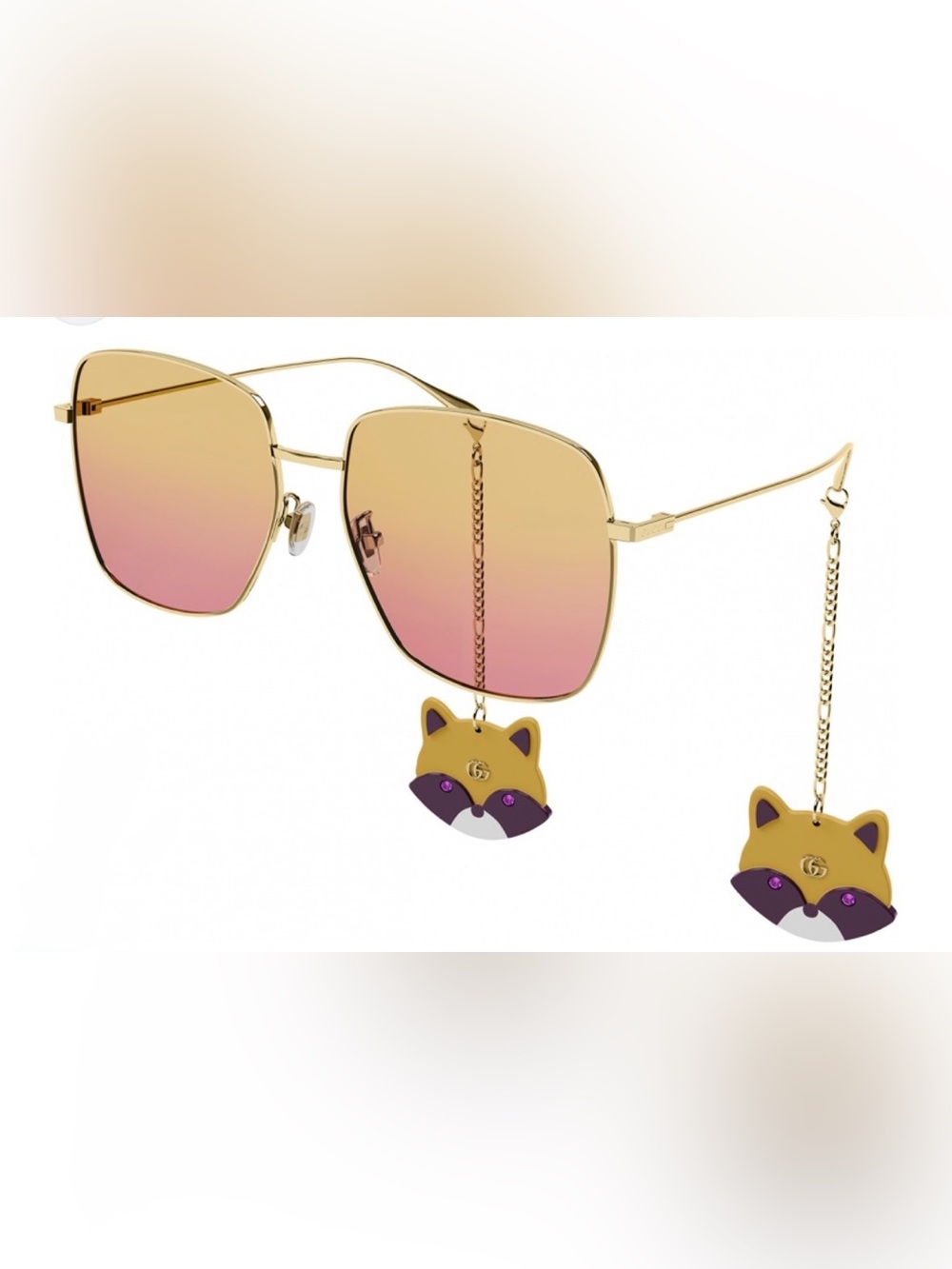 Gucci Gold Frame Sunglasses with Pink-to-Gold Gradient Lenses & Fox Charm